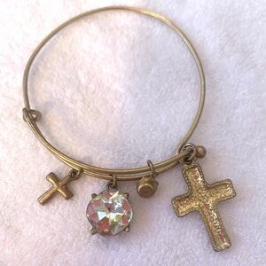 Religious Cross and Crystal Charm Bracelet Gold Finish Expands 2”-3.5”
